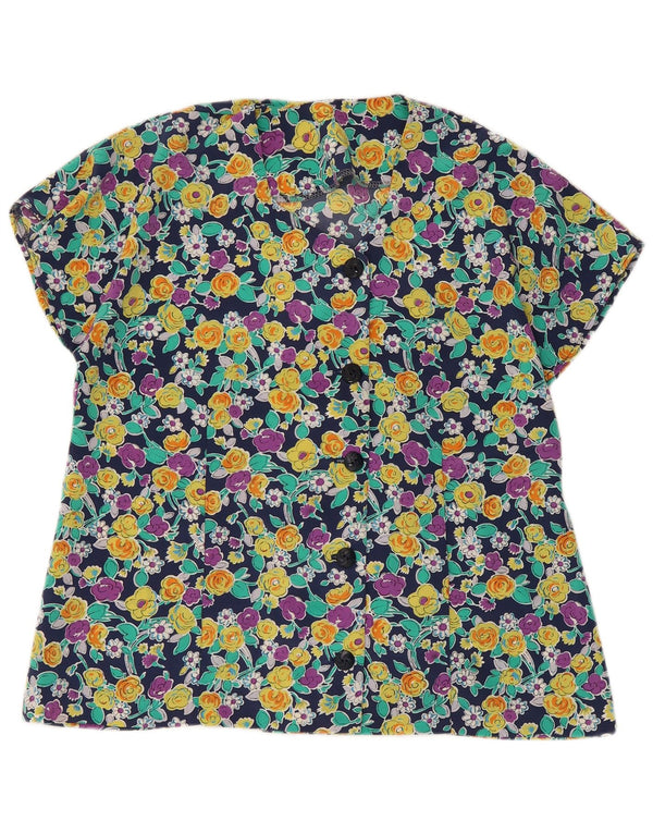 Blusa feminina vintage de manga curta UK 16 grande floral multicolorida
