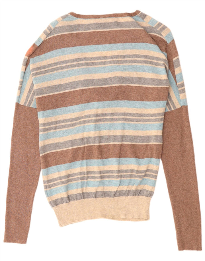 Suéter feminino MONSOON com decote em V UK 12 médio listrado multicolorido