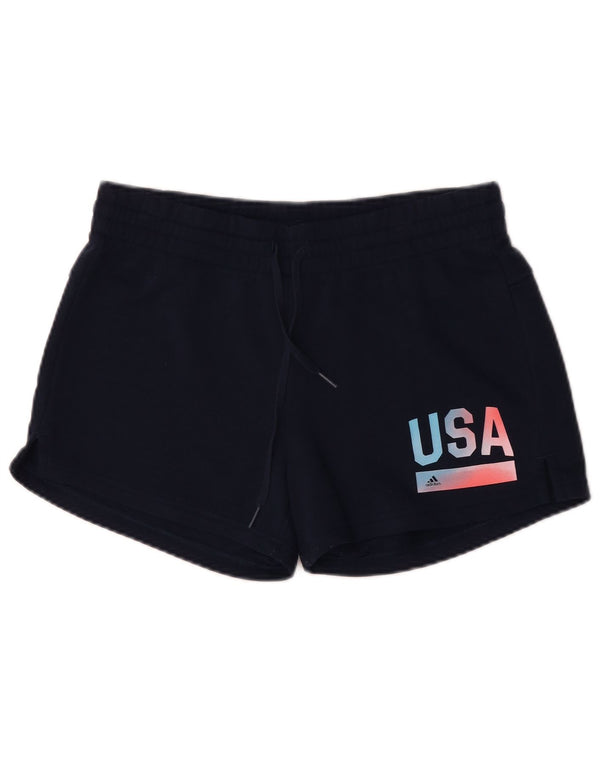 Shorts esportivos gráficos femininos Adidas UK 12/14 médio azul marinho algodão