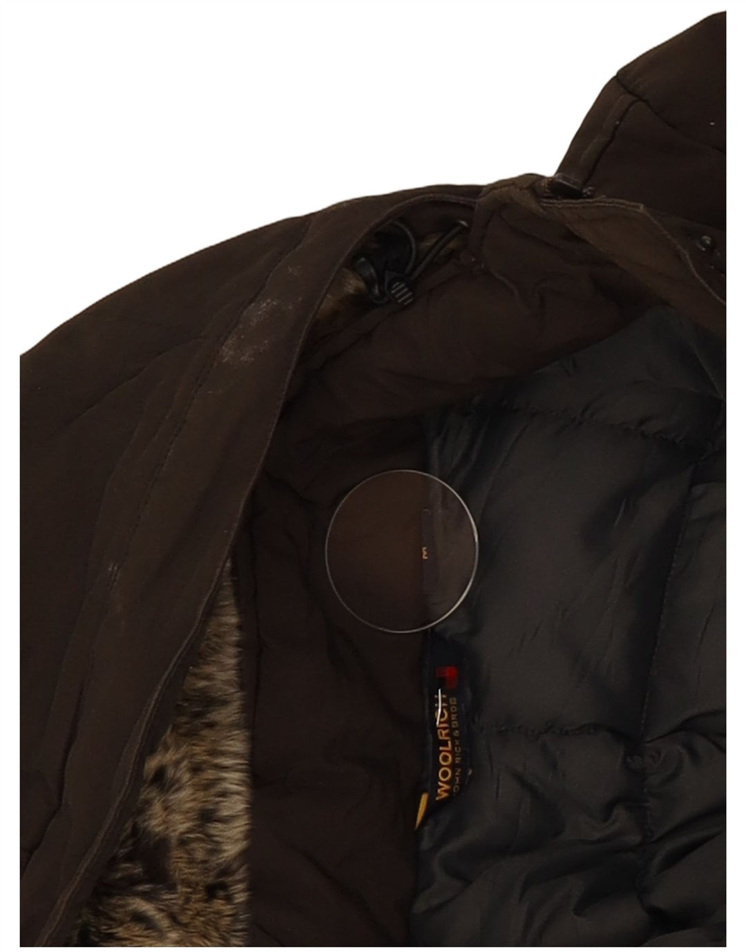 Casaco acolchoado com capuz feminino Woolrich Reino Unido 12 algodão cáqui médio