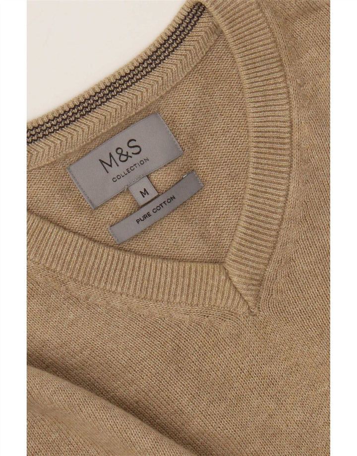 Suéter masculino Marks & Spencer com decote em V, algodão manchado bege médio