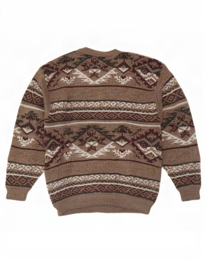 Suéter masculino Kennington com gola redonda, grande, marrom, lã Fair Isle
