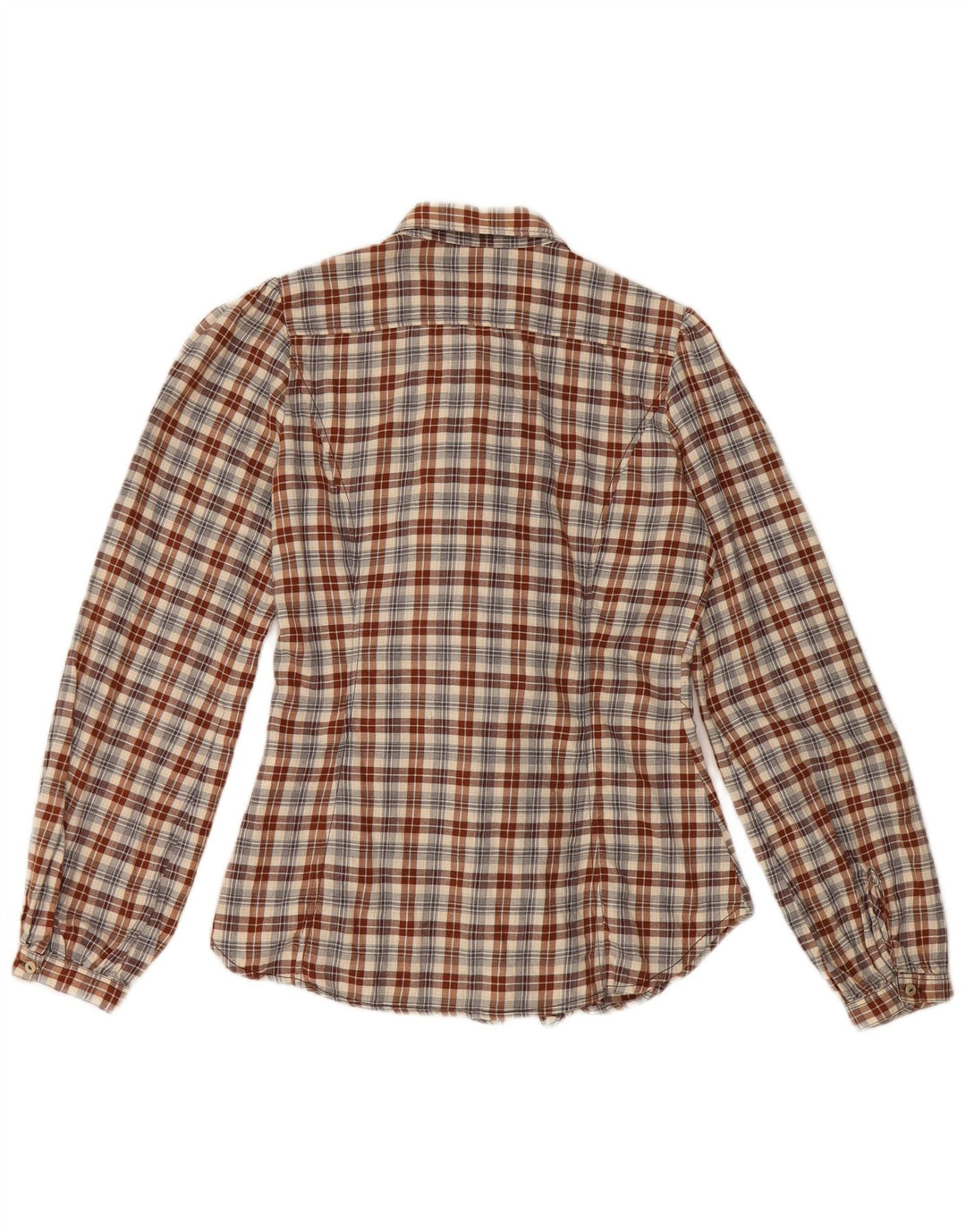 Camisa feminina Marlboro Classics com babados na frente IT 38 XS algodão xadrez marrom