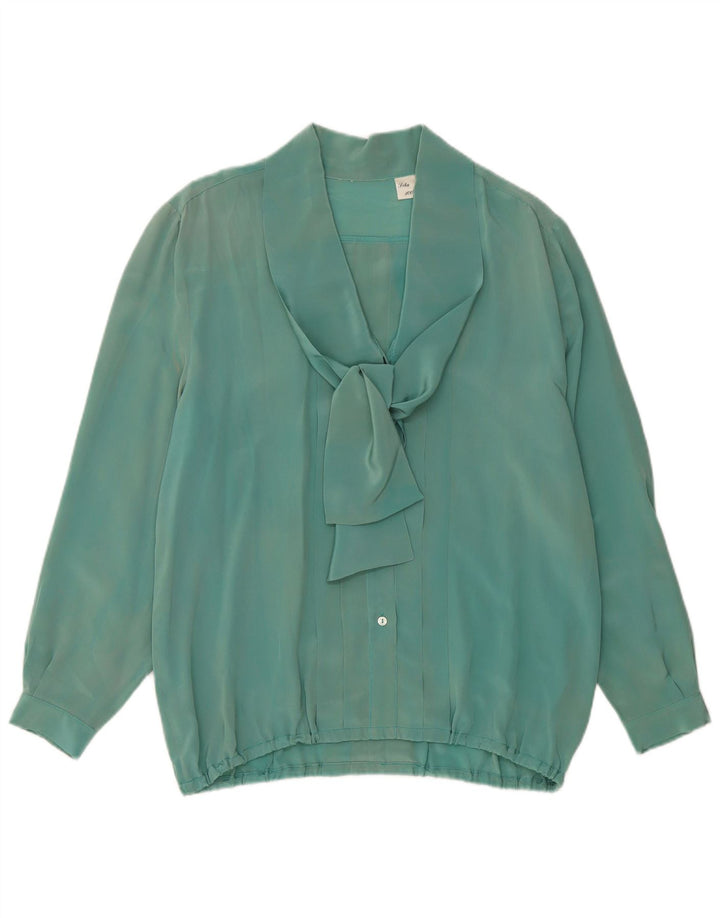 Blusa feminina vintage de manga comprida com gravata frontal Reino Unido 16 seda verde grande