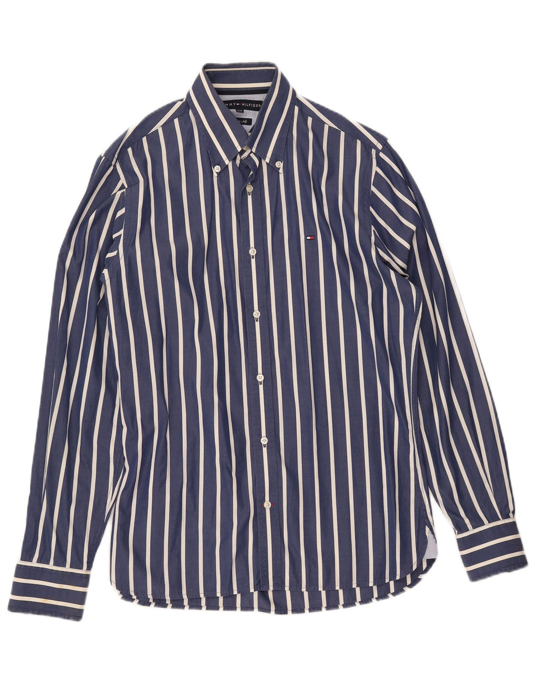Camisa masculina TOMMY HILFIGER pequena listrada azul marinho algodão anos 80