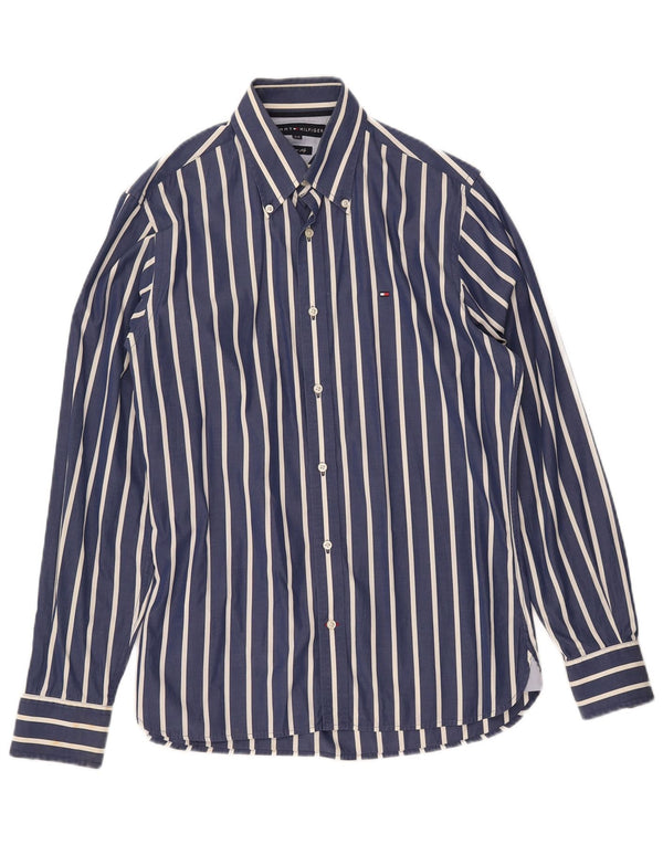Camisa masculina TOMMY HILFIGER pequena listrada azul marinho algodão anos 80