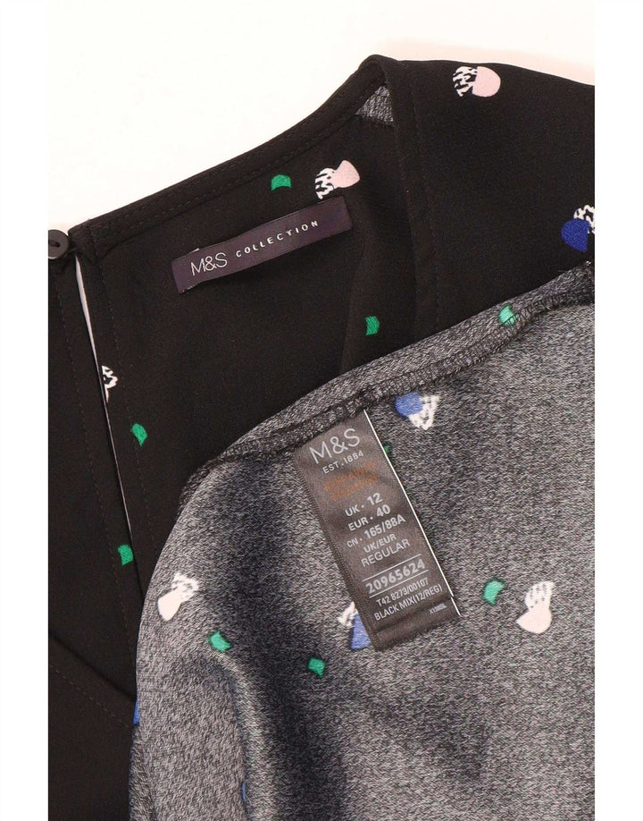 Vestido feminino Marks & Spencer com padrão abstrato linha A Reino Unido 12 médio preto