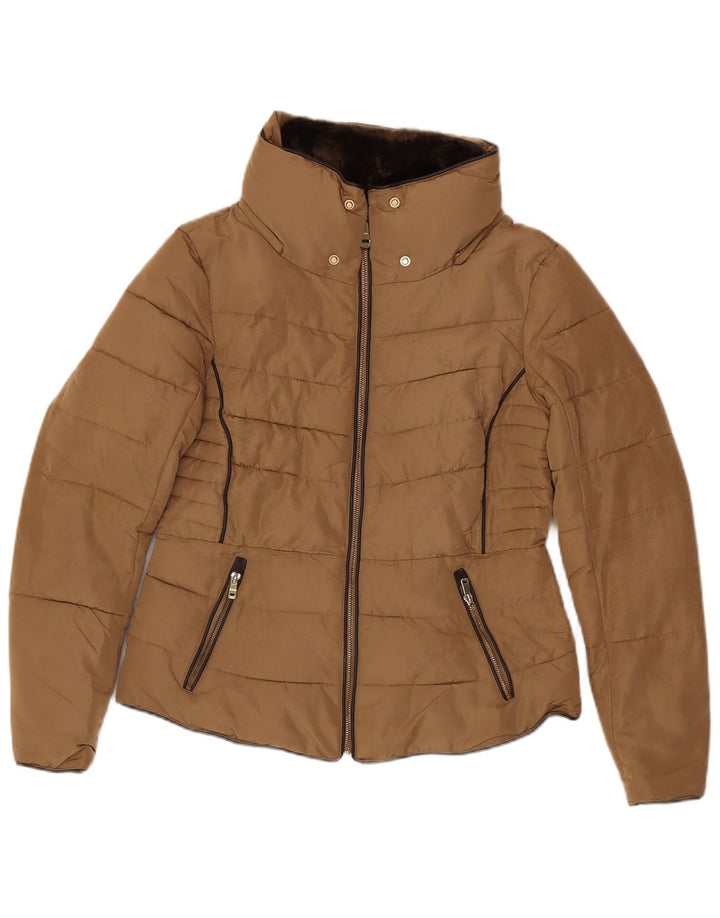 Jaqueta acolchoada feminina Zara UK 16 grande poliéster marrom