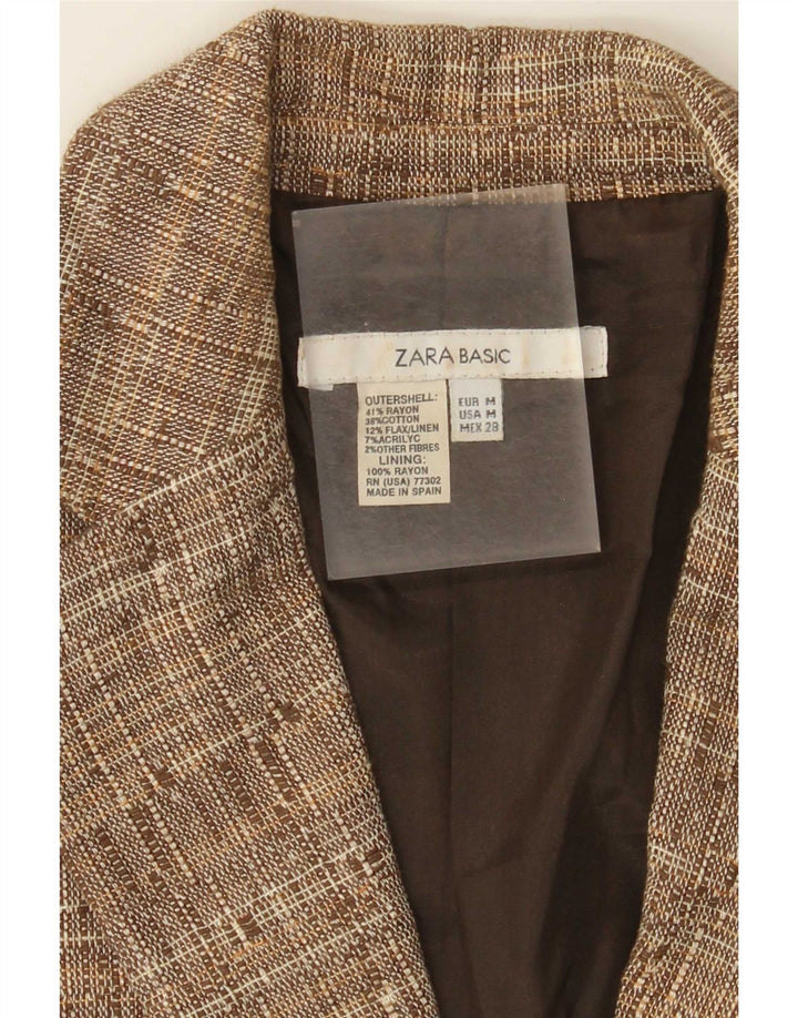 Jaqueta blazer feminina Zara com 1 botão UK 12 médio marrom manchado rayon
