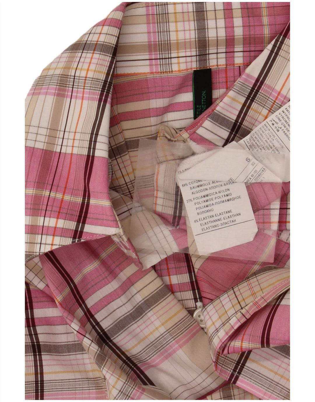 Camisa feminina Benetton UK 10 pequena xadrez rosa algodão