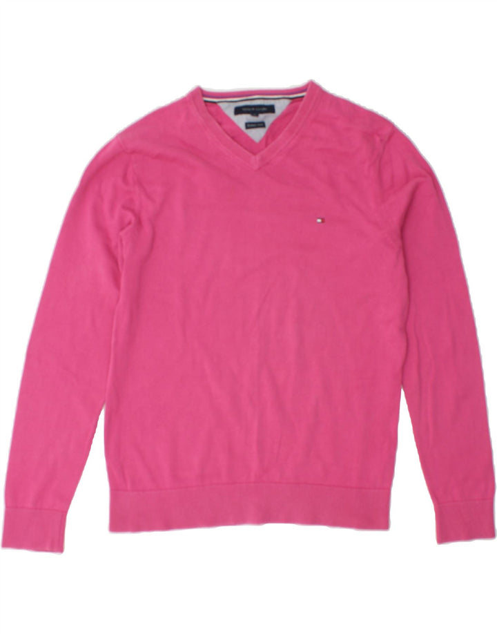 TOMMY HILFIGER Mens V-Neck Jumper Sweater Medium Pink Cotton Vintage Tommy Hilfiger and Second-Hand Tommy Hilfiger from Messina Hembry 