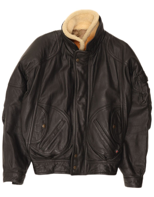 Jaqueta de couro bomber masculina vintage Reino Unido 36 couro preto pequeno