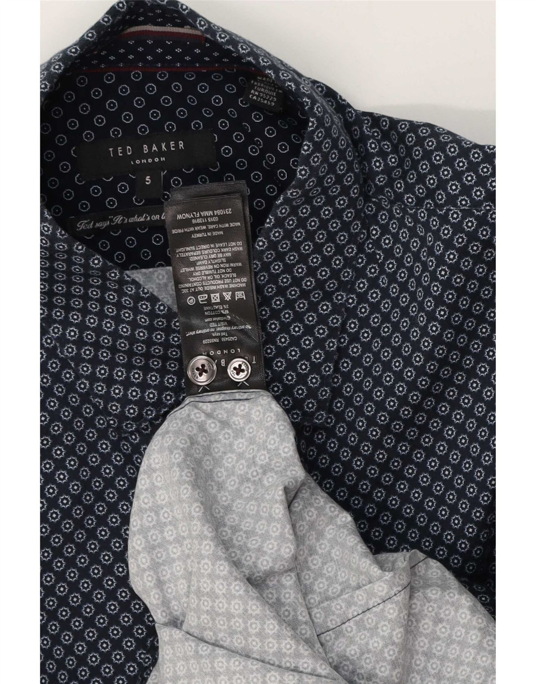 Camisa masculina Ted Baker tamanho 5 XL azul marinho algodão geométrico