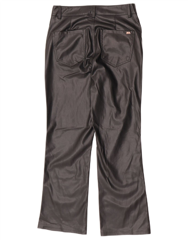 Calça feminina Zara Bootcut de couro sintético UE 38 pequena W28 L26 preta