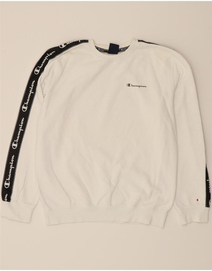 CHAMPION Mens Graphic Sweatshirt Jumper Medium White Colourblock Cotton Vintage Champion and Second-Hand Champion from Messina Hembry 