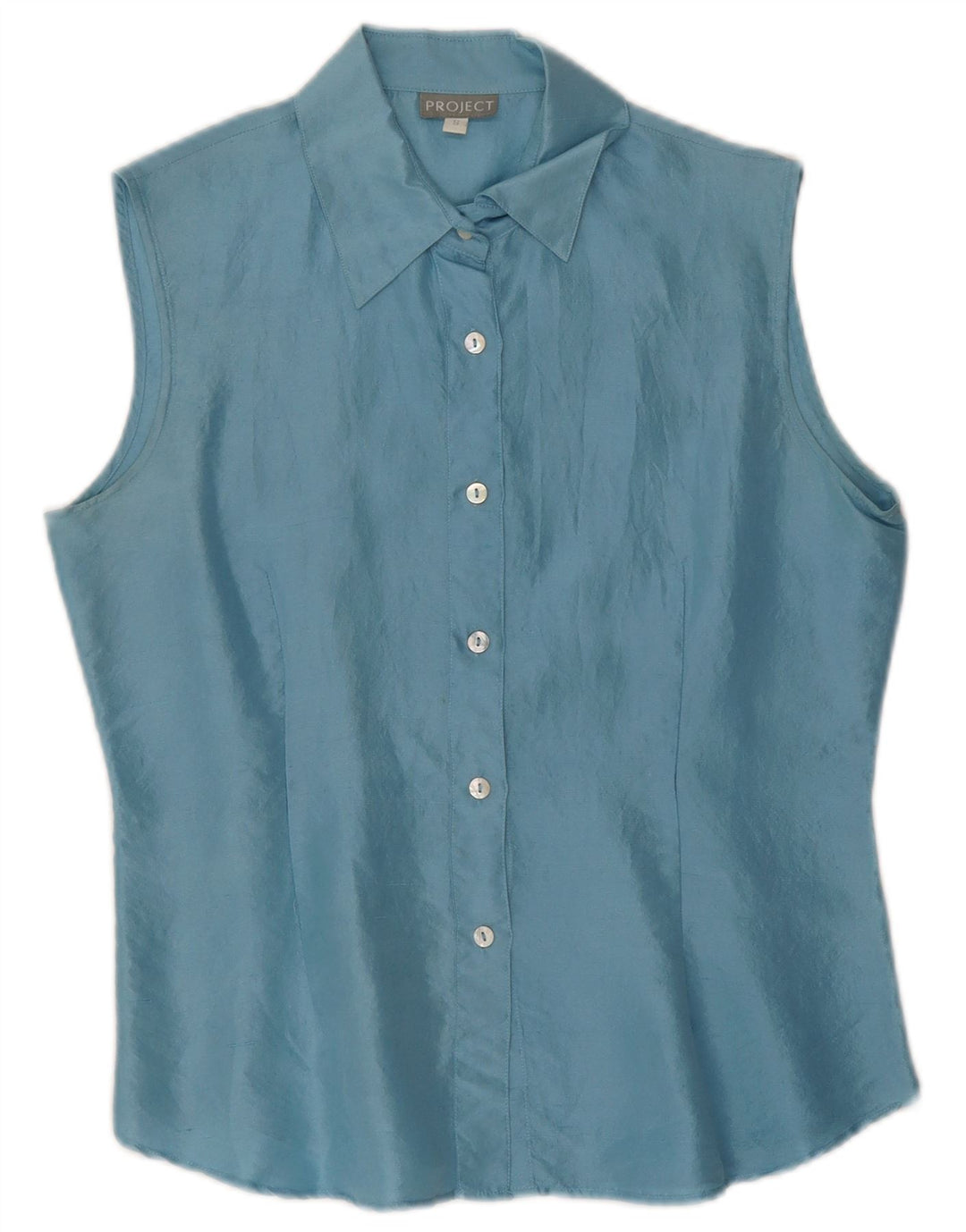 Blusa feminina sem mangas Project UK 10 seda azul pequena