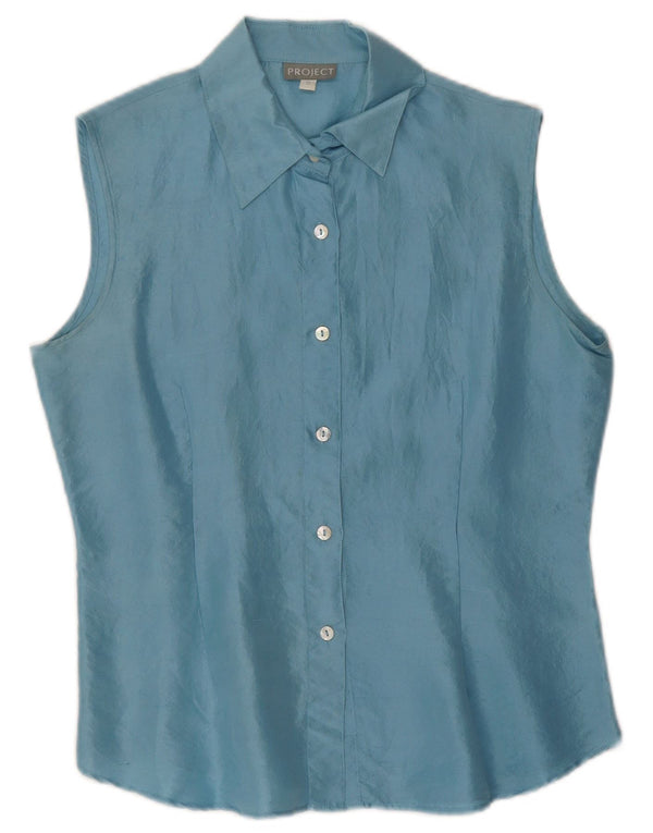 Blusa feminina sem mangas Project UK 10 seda azul pequena