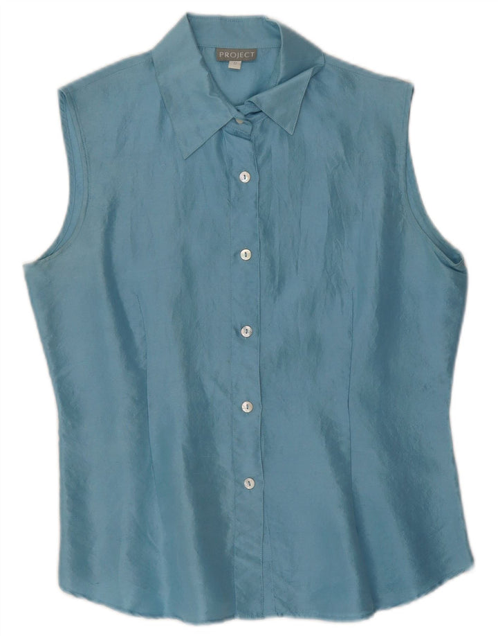 Blusa feminina sem mangas Project UK 10 seda azul pequena