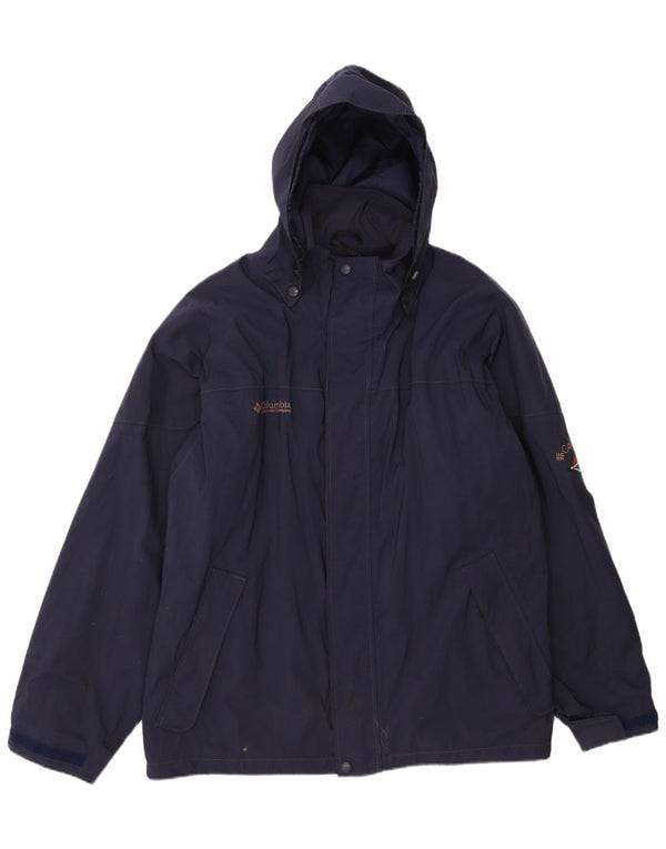 Jaqueta corta-vento Columbia masculina com capuz grande tamanho UK 42 XL azul marinho nylon