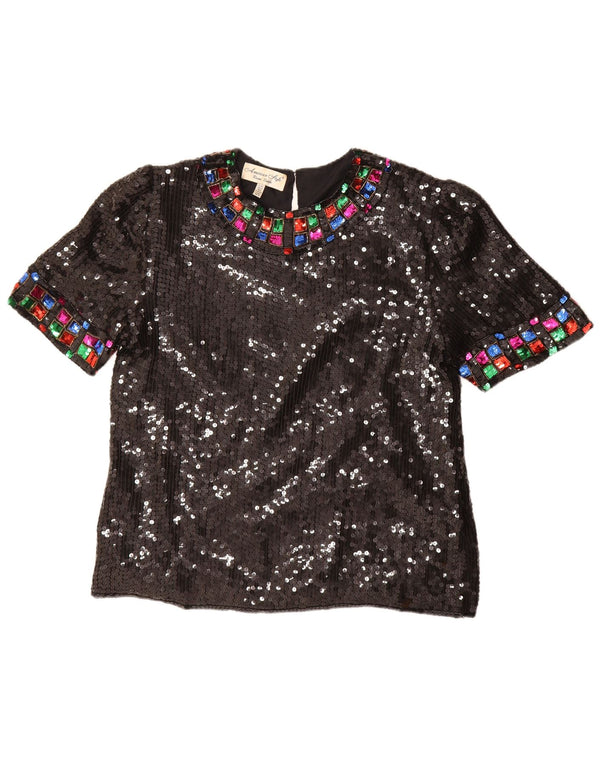 Blusa feminina vintage de lantejoulas UK 16 grande seda preta