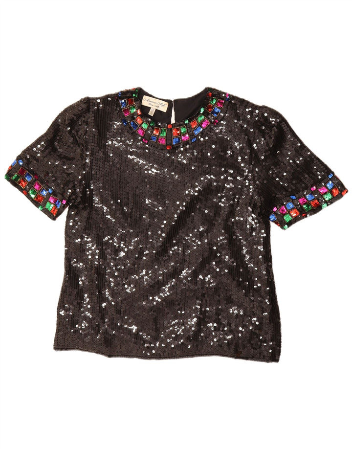 Blusa feminina vintage de lantejoulas UK 16 grande seda preta