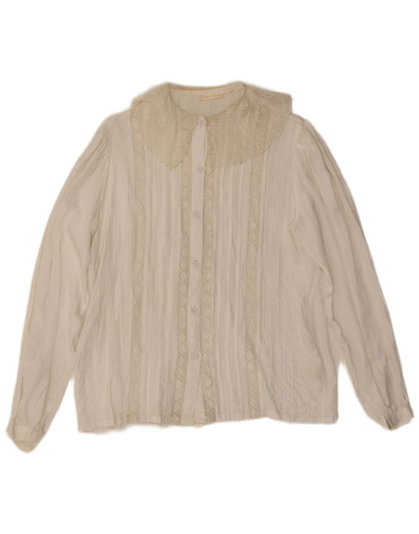 Vintage Womens Shirt Blouse UK 14 Medium Off White Floral Viscose