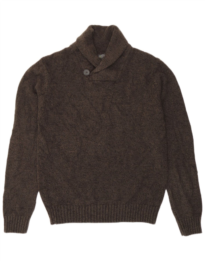 Suéter masculino Marks & Spencer com gola xale pequeno acrílico manchado marrom