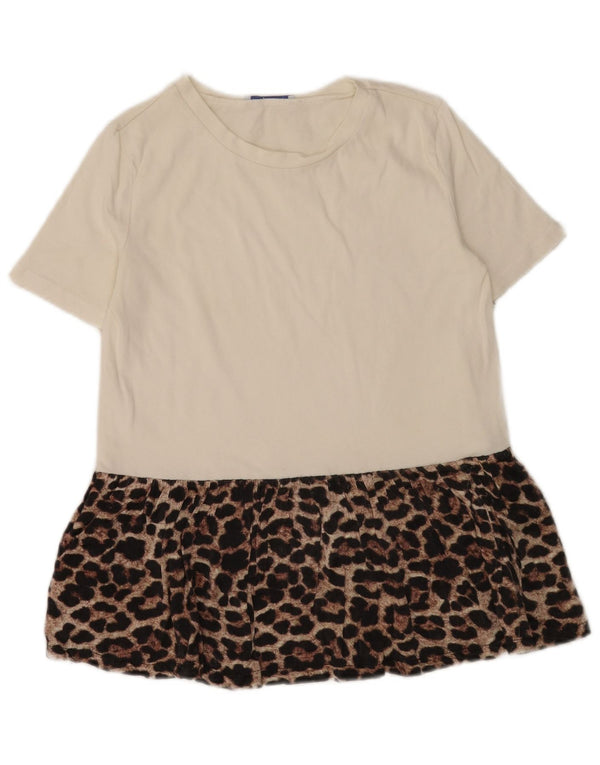 Blusa Trafaluc feminina Zara Top UK 10 pequeno algodão branco com estampa animal