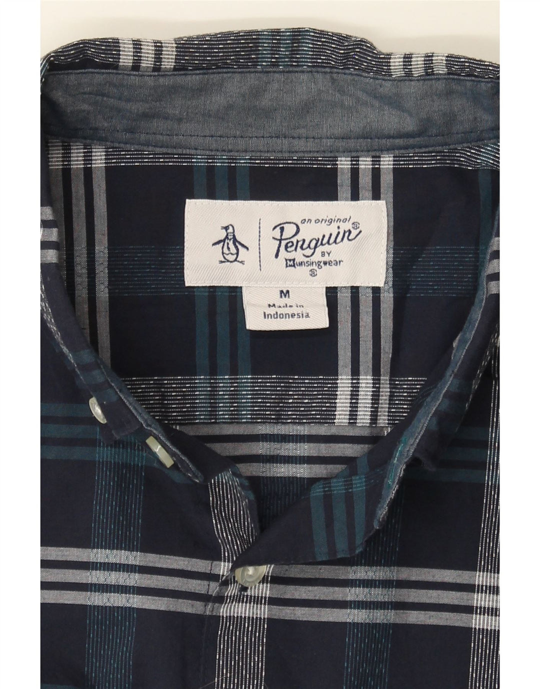 PENGUIN Mens Shirt Medium Navy Blue Check Cotton Vintage Penguin and Second-Hand Penguin from Messina Hembry 