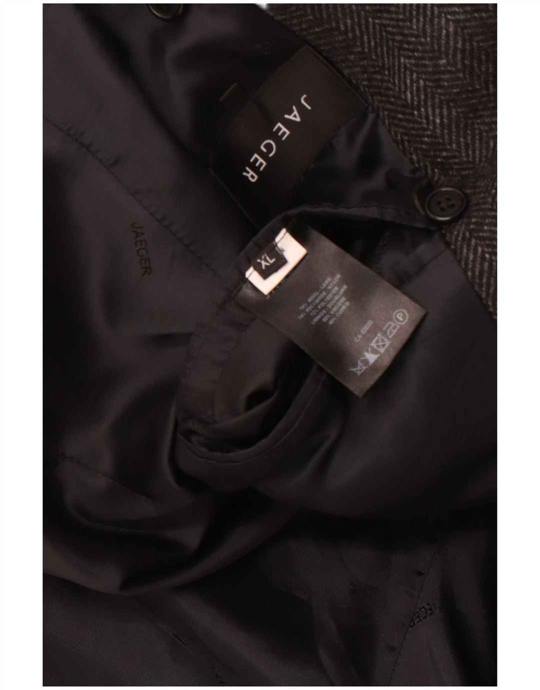 Casaco masculino JAEGER Pea Coat UK 42 XL lã espinha de peixe cinza