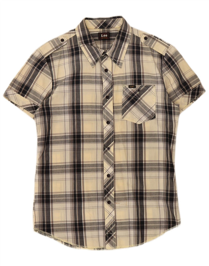Camisa militar masculina de manga curta Lee algodão xadrez bege médio