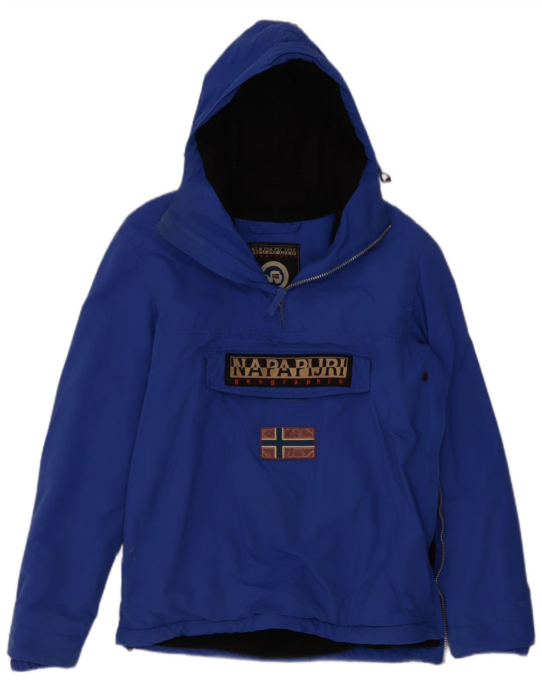 Jaqueta masculina Napapijri com capuz gráfico Anorak UK 36 pequeno azul poliéster