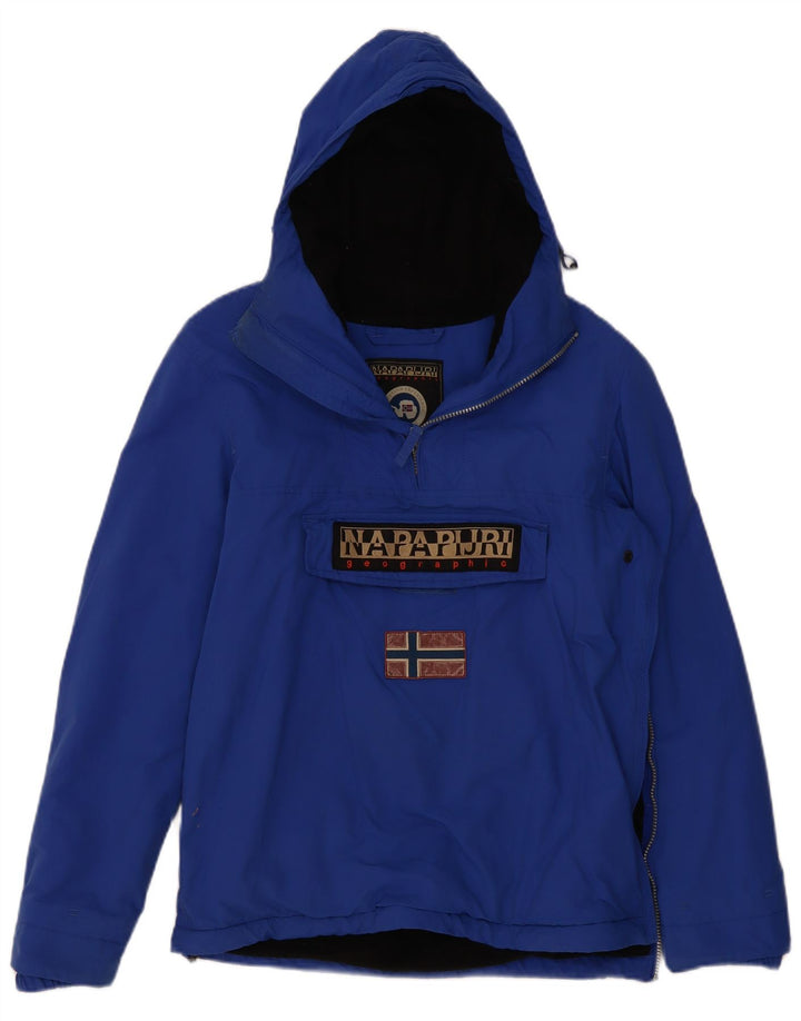Jaqueta masculina Napapijri com capuz gráfico Anorak UK 36 pequeno azul poliéster