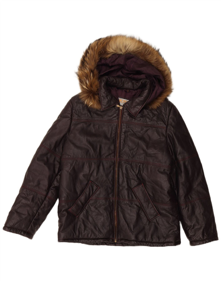 Jaqueta feminina de couro com capuz VINTAGE Reino Unido 16 grande marrom