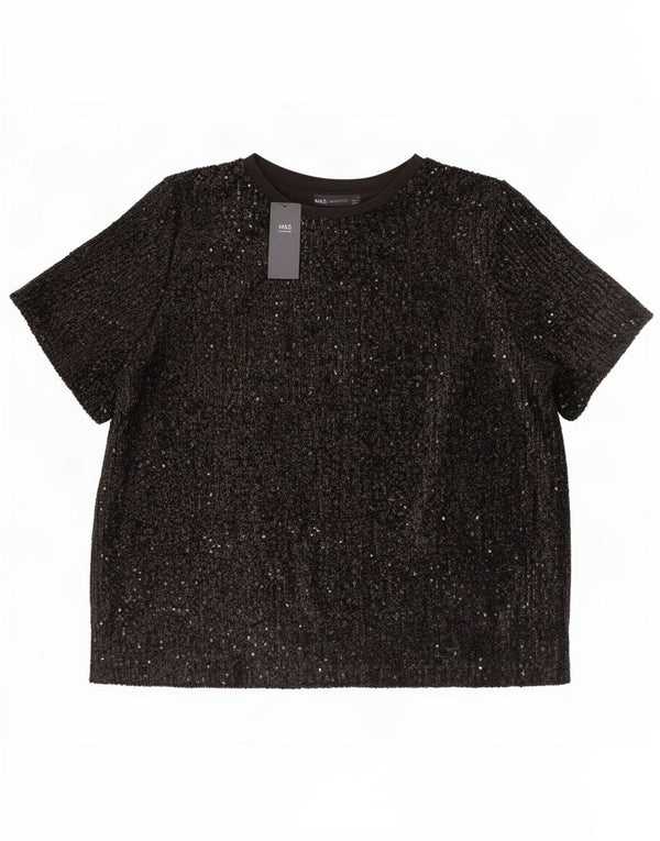 Marks & Spencer Womens Loose Fit Sequin Blouse Top UK 18 XL Black Polyester