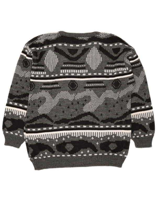Suéter masculino vintage com decote em V XL cinza geométrico acrílico