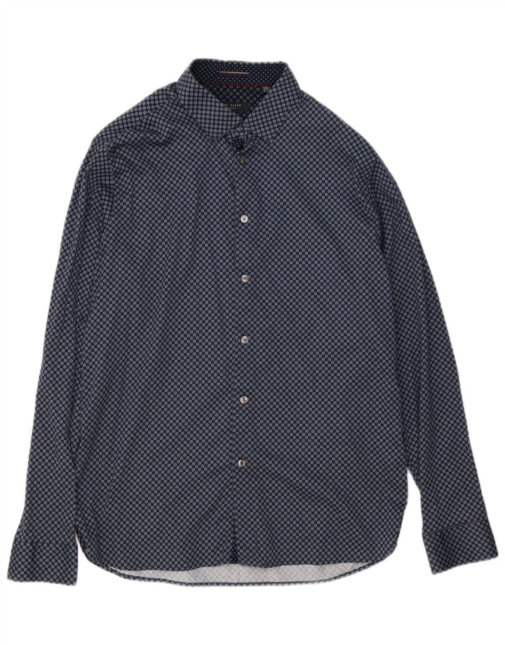 Camisa masculina Ted Baker tamanho 5 XL azul marinho algodão geométrico