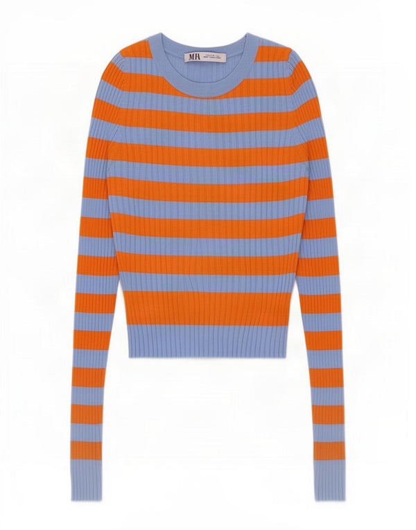 Zara Womens Crop Boat Neck Jumper Sweater UK 14 Large Blue Striped