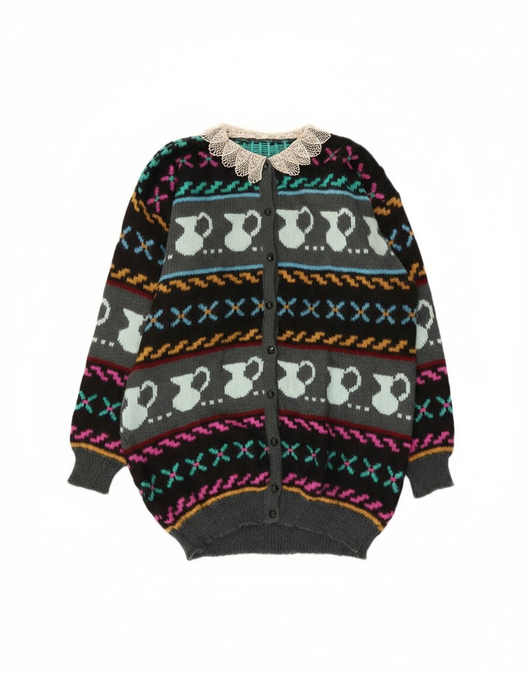 Suéter feminino vintage com padrão abstrato cardigan Reino Unido 10 pequeno multicolorido