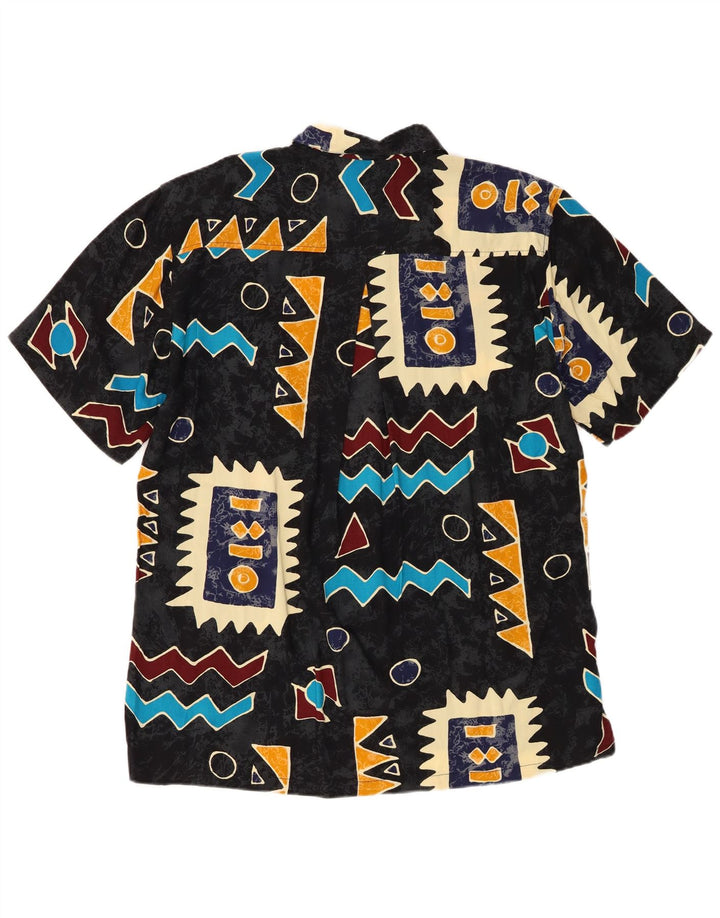 Camisa masculina vintage de manga curta média preta geométrica rayon