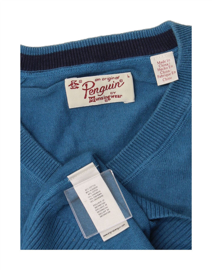 PENGUIN Mens V-Neck Jumper Sweater Large Blue Cotton Vintage Penguin and Second-Hand Penguin from Messina Hembry 