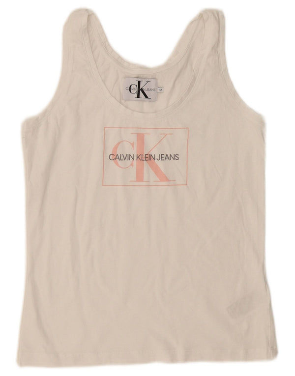 Calvin Klein Womens Crop Graphic Vest Top Reino Unido 12 Médio Algodão Branco