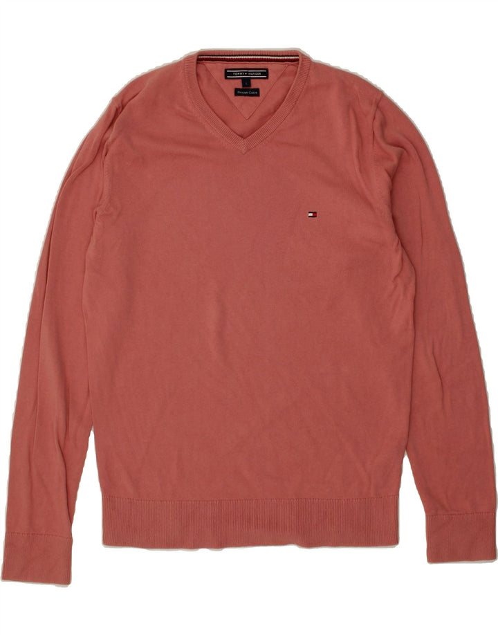 TOMMY HILFIGER Mens V-Neck Jumper Sweater Small Maroon Cotton Vintage Tommy Hilfiger and Second-Hand Tommy Hilfiger from Messina Hembry 