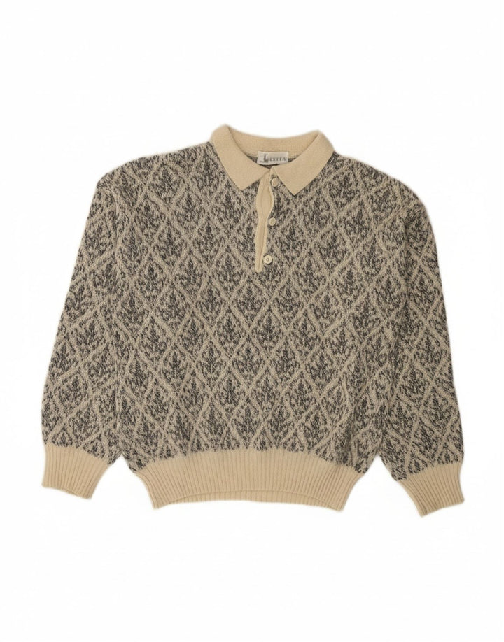 Suéter masculino VINTAGE com gola polo e lã diamante médio bege