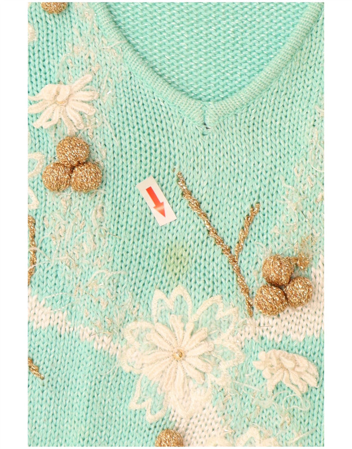 Suéter feminino vintage com decote em V IT 44 médio turquesa poliacrílico