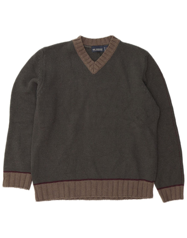 Suéter masculino ZARA com decote em V, médio cáqui, bloco colorido acrílico