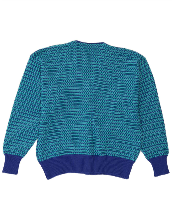 Suéter cardigã feminino vintage Reino Unido 14 lã houndstooth azul médio