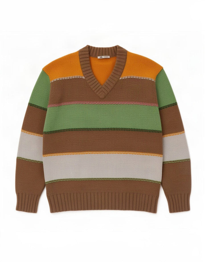 Zara Suéter masculino com decote em V médio listrado multicolorido de algodão