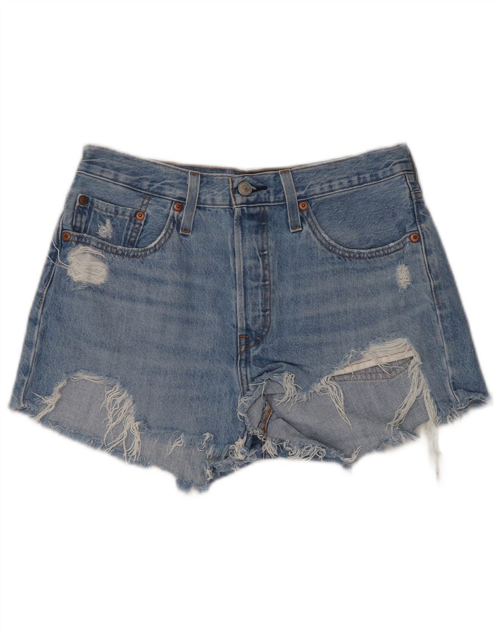 LEVI'S Shorts jeans feminino 501 de cintura alta desgastado W28 azul médio
