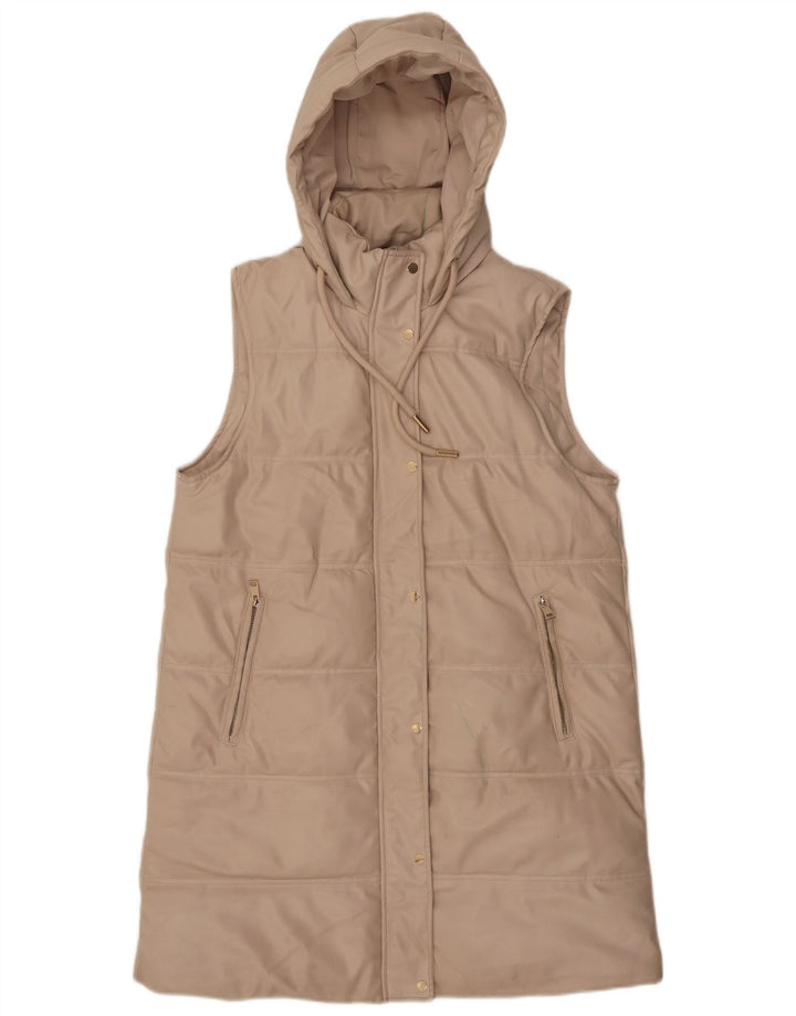 Casaco feminino acolchoado com capuz sem mangas ZARA UK 14 poliéster bege médio